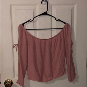 dusty pink, off the shoulder shirt